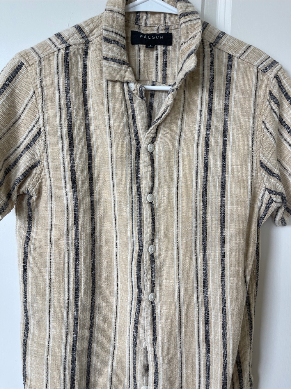 PacSun Beige, Black and White Vertical Stripe Short-Sleeve Button-Up Shirt